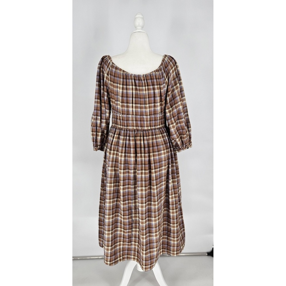 Madewell Brown Plaid Smocked Waist Midi Dress Puff Sleeve Cotton Blend Medium - Picture 8 of 11